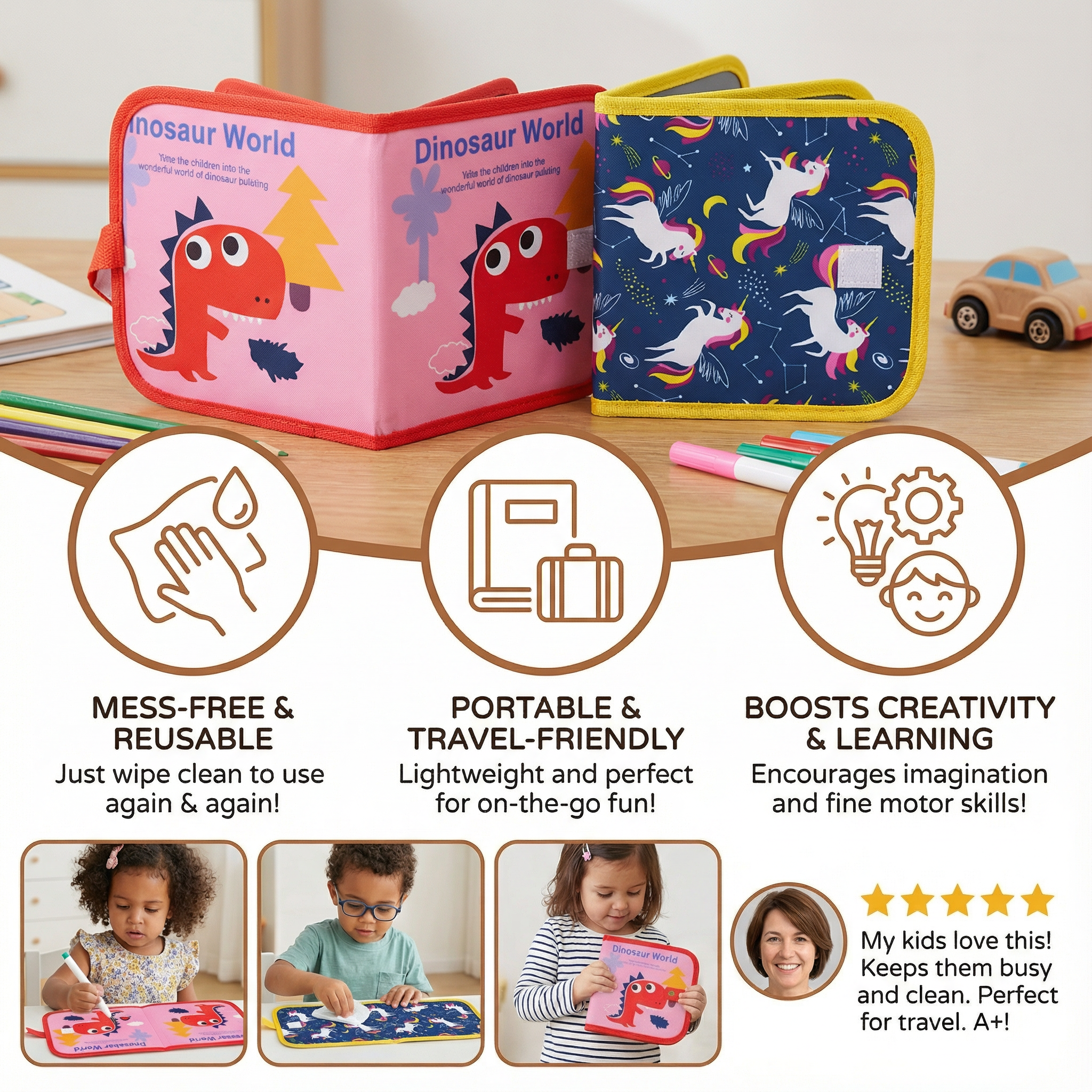 Portable Reusable Drawing Book for Kids with Six Drawing Sides and Wipe Clean Pages
