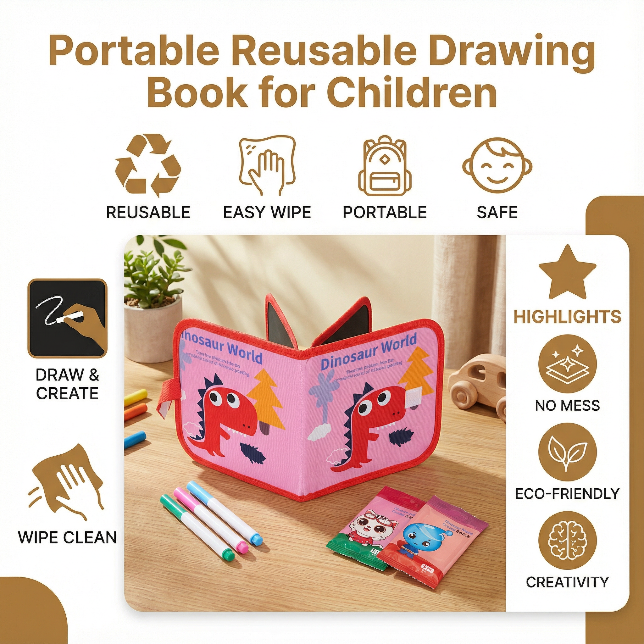 Portable Reusable Drawing Book for Kids with Six Drawing Sides and Wipe Clean Pages