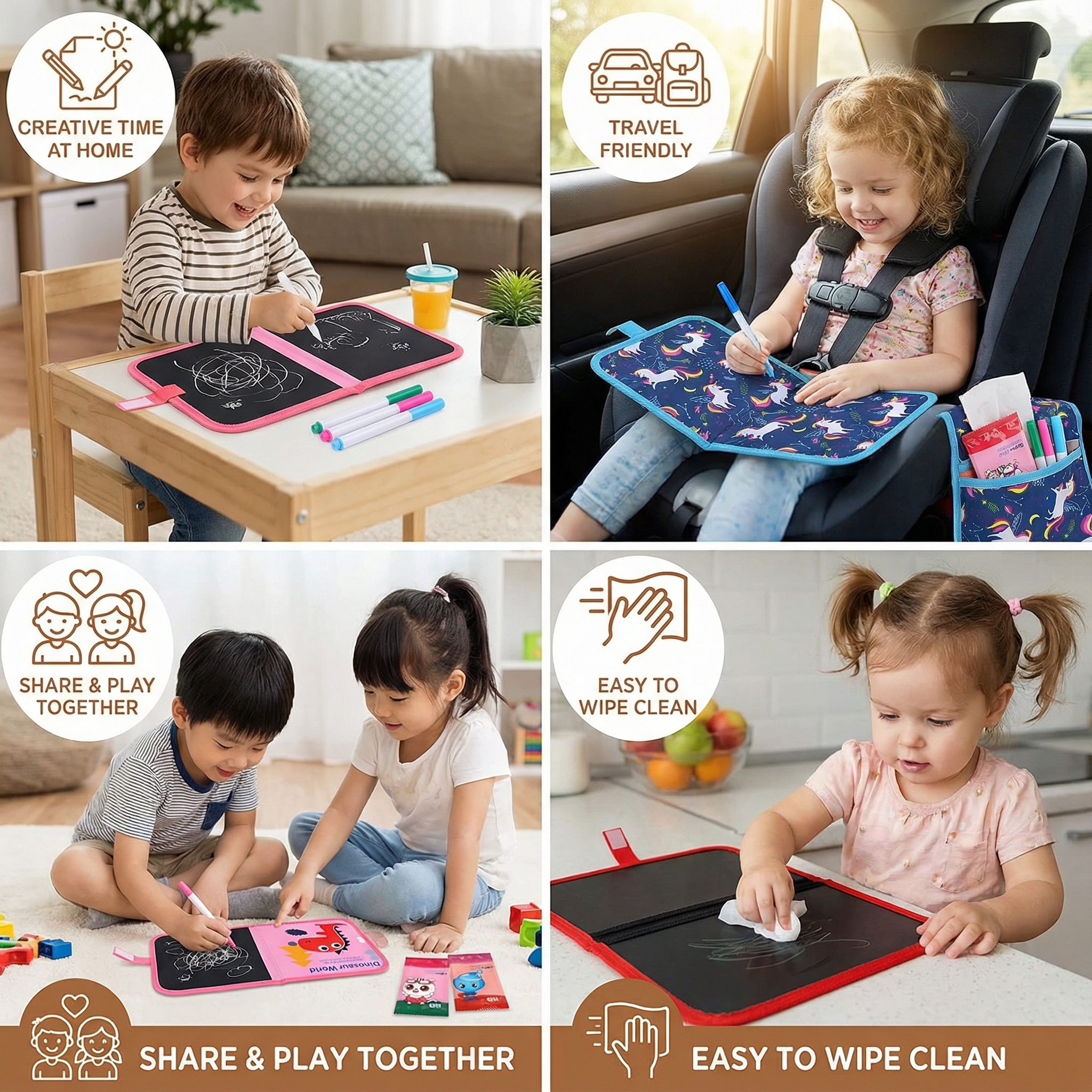 Portable Reusable Drawing Book for Kids with Six Drawing Sides and Wipe Clean Pages