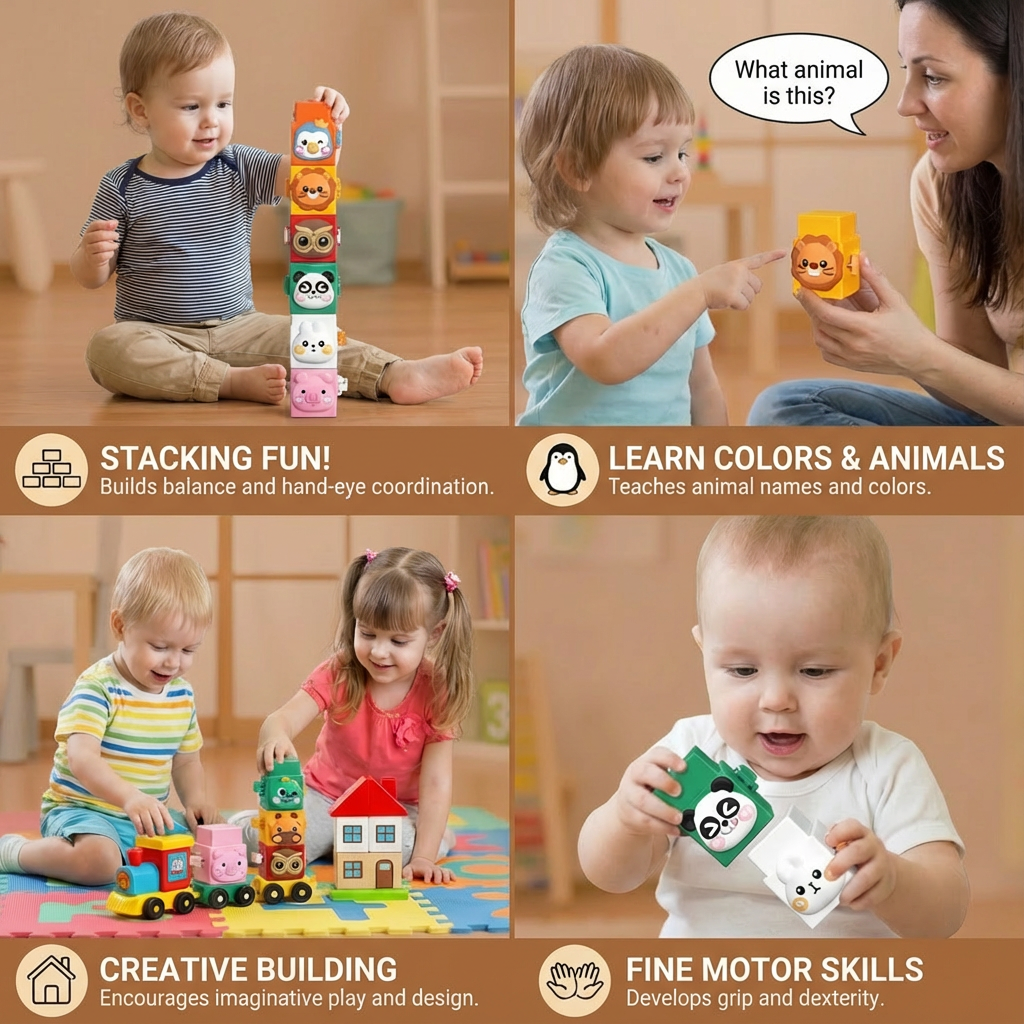 Montessori Animal Stacking Toy Set with Colorful Animal Faces for Kids