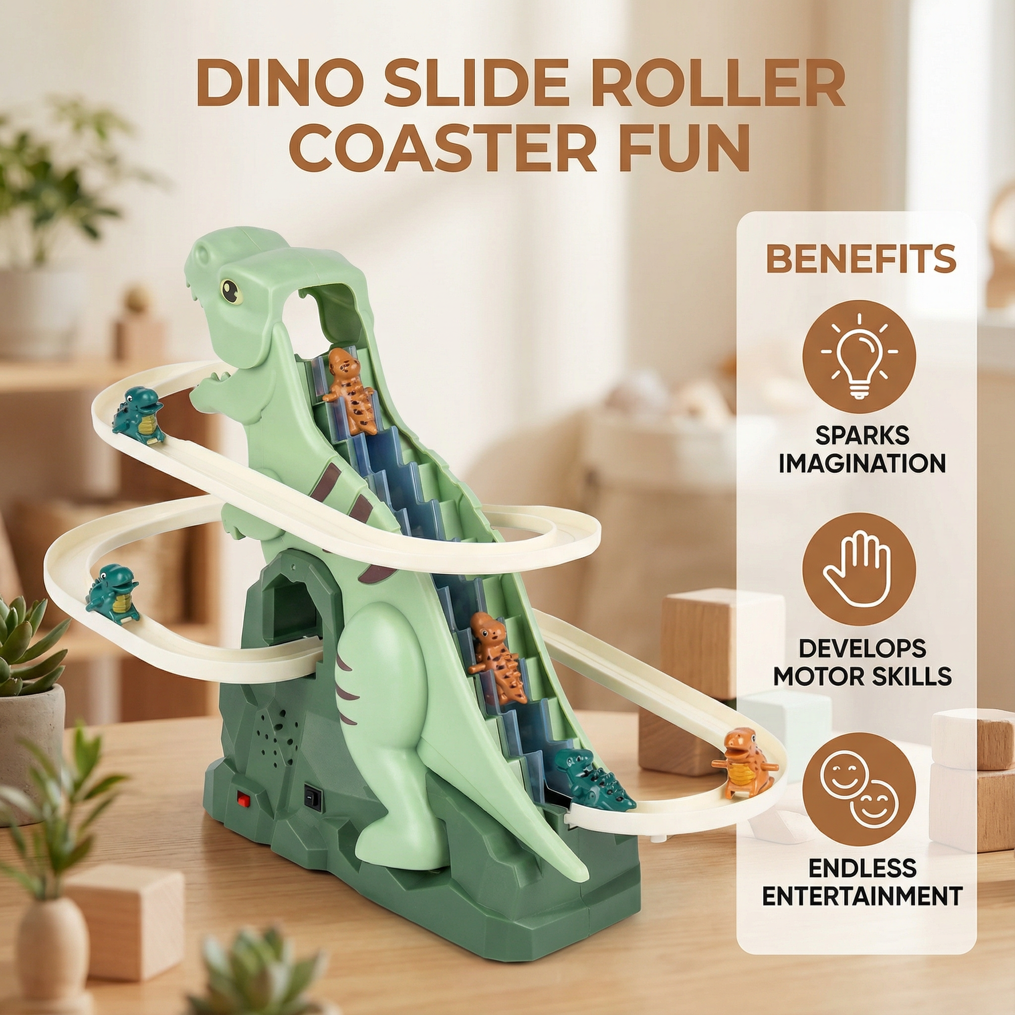 Colorful Dino Slide Roller Coaster Play Set for Kids Indoors and Outdoors