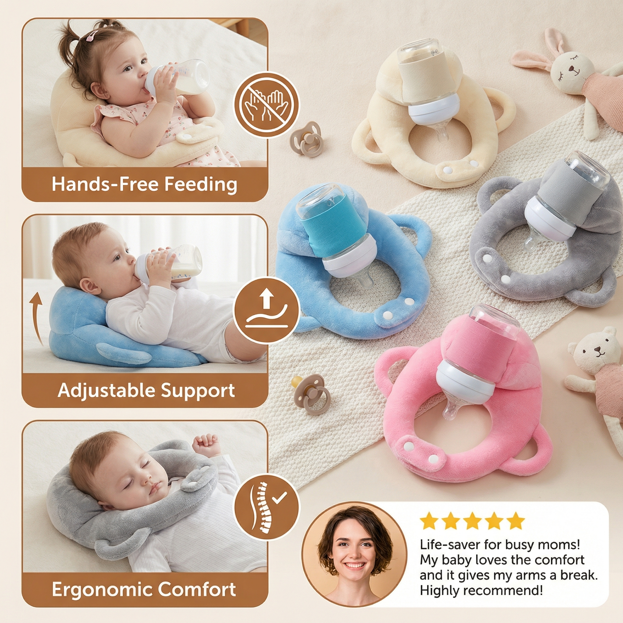 Baby Feeding Support Pillow with Breathable Mesh and Bottle Holding Design in Five Colors