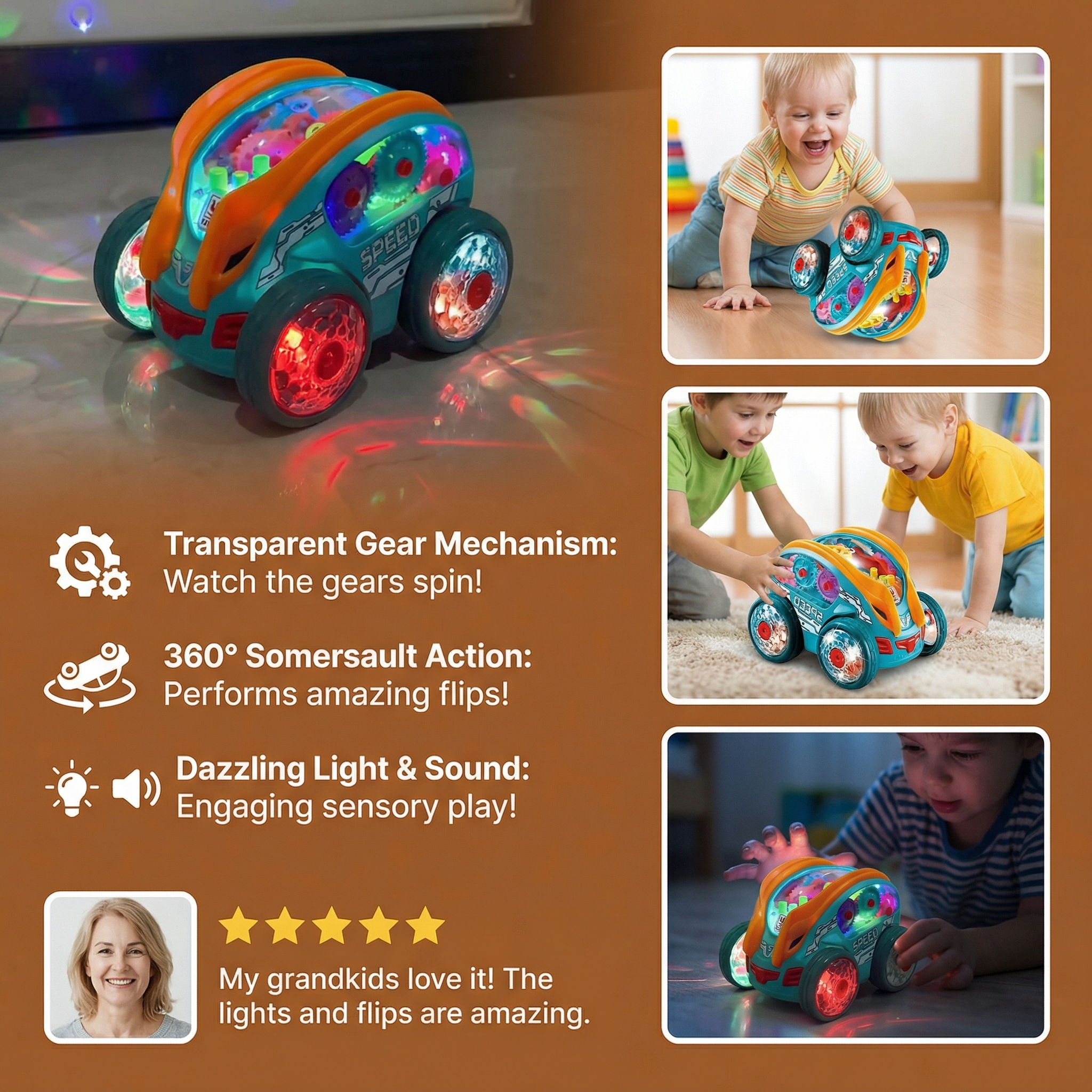 Light Up Flip and Spin Toy Car for Kids