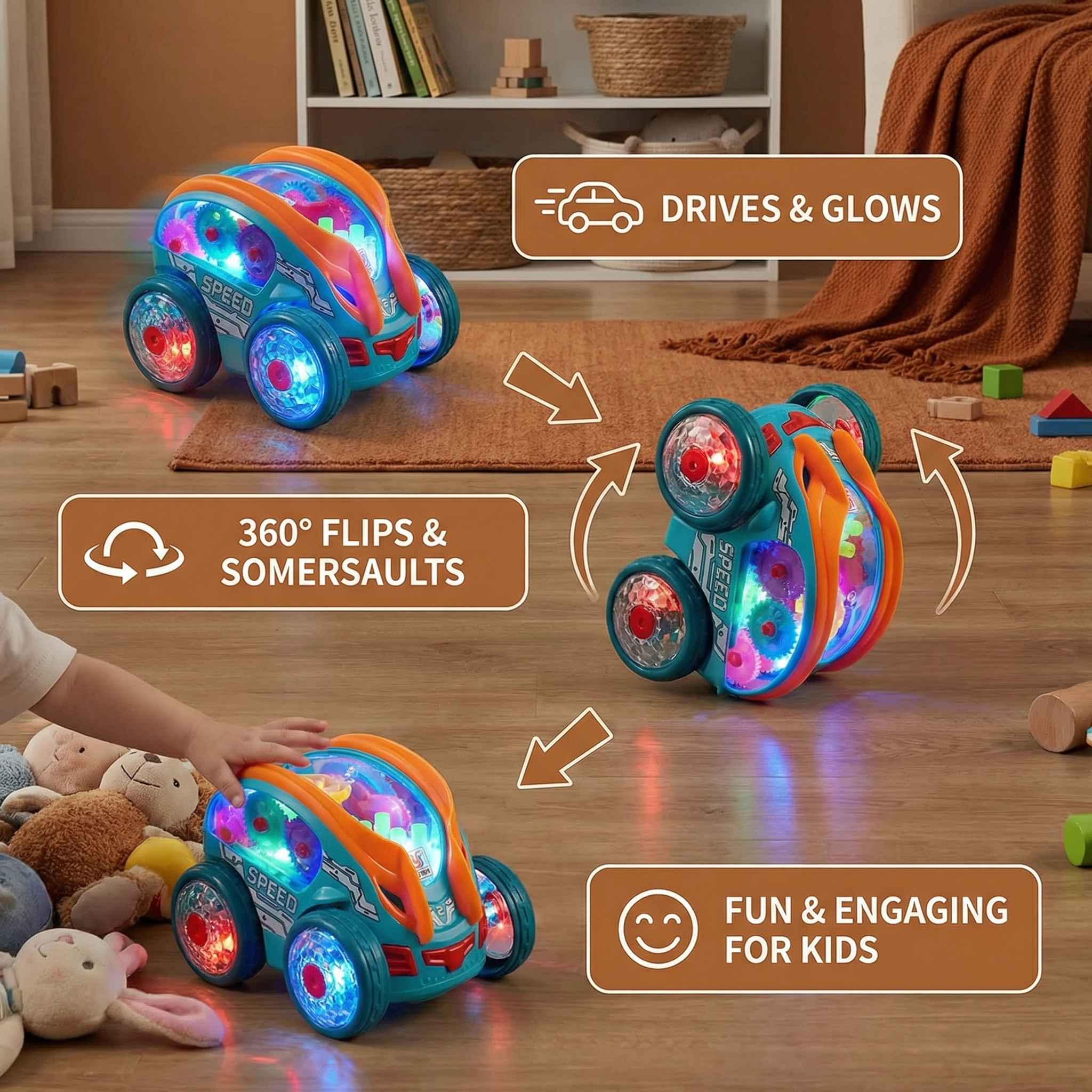 Light Up Flip and Spin Toy Car for Kids
