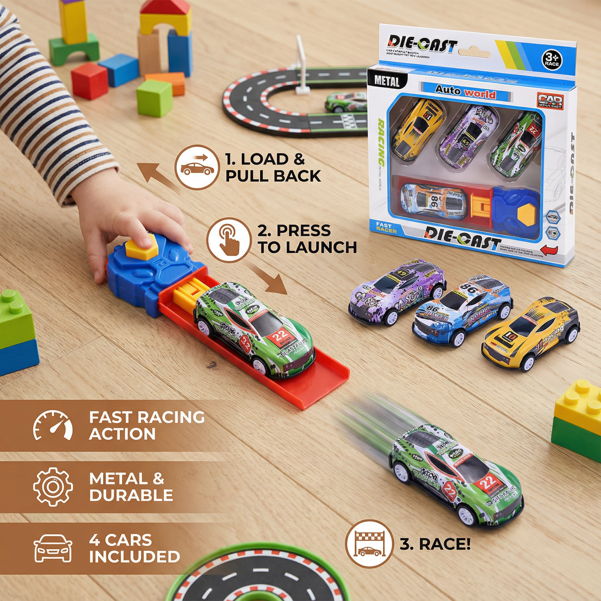 Car Catapult Racing Set with Four Die Cast Cars and Launcher in Gift Box