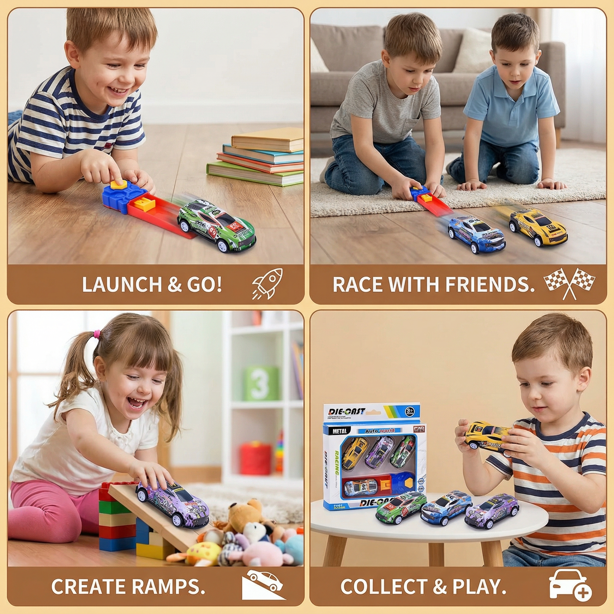 Car Catapult Racing Set with Four Die Cast Cars and Launcher in Gift Box