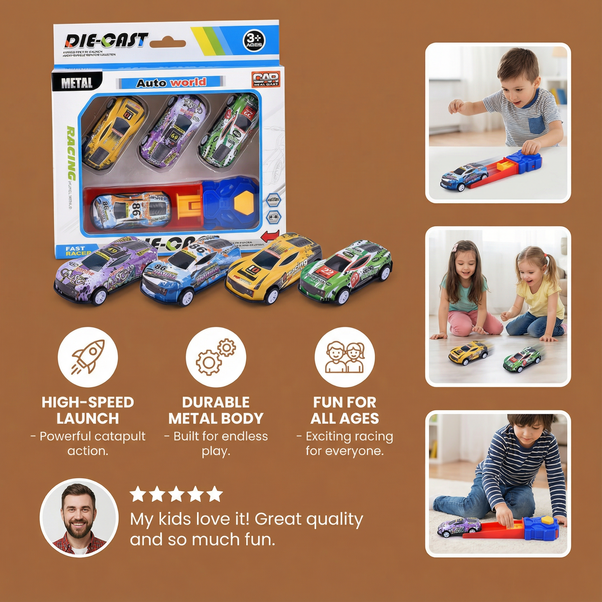 Car Catapult Racing Set with Four Die Cast Cars and Launcher in Gift Box