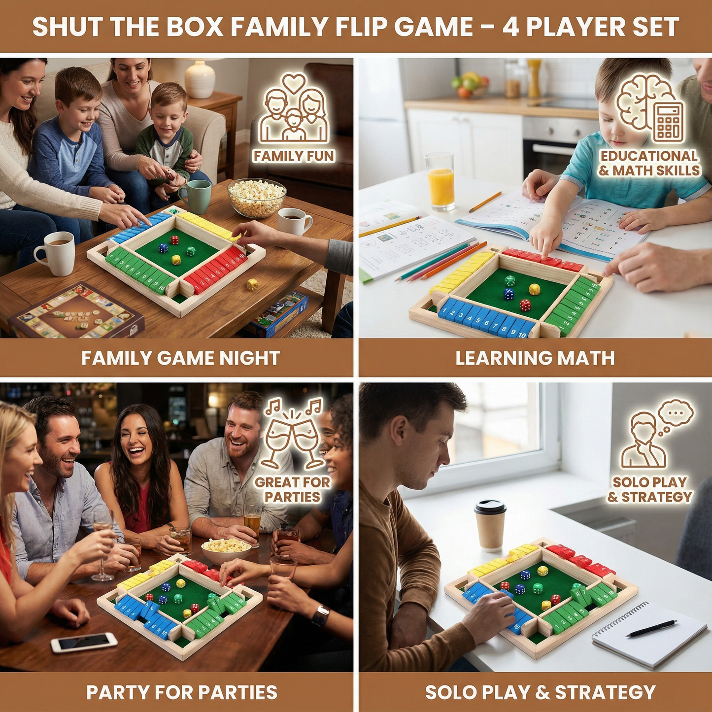 Shut The Box Family Flip Game – 4 Player Set