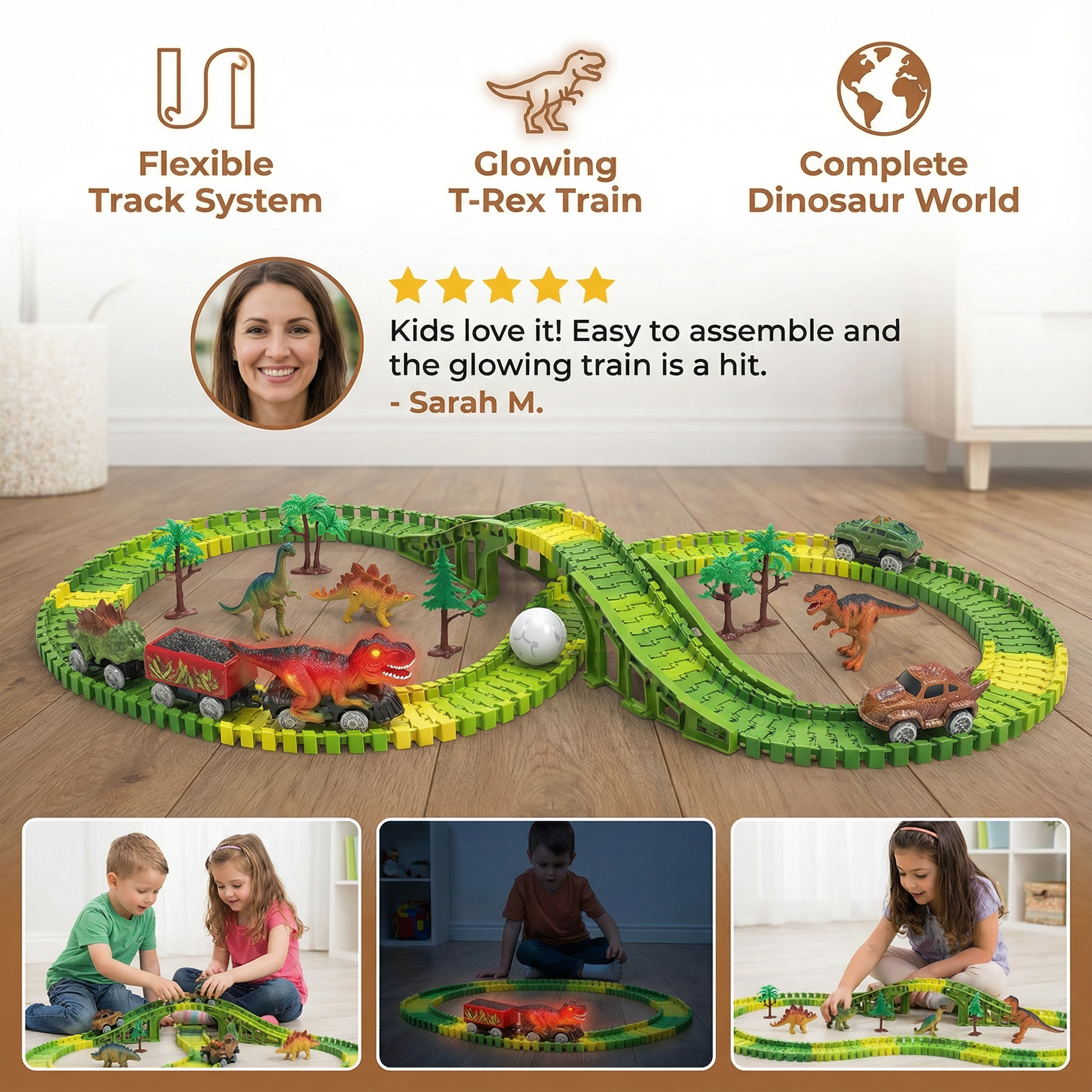 Flexible Dinosaur Race Track Set with Glowing Train