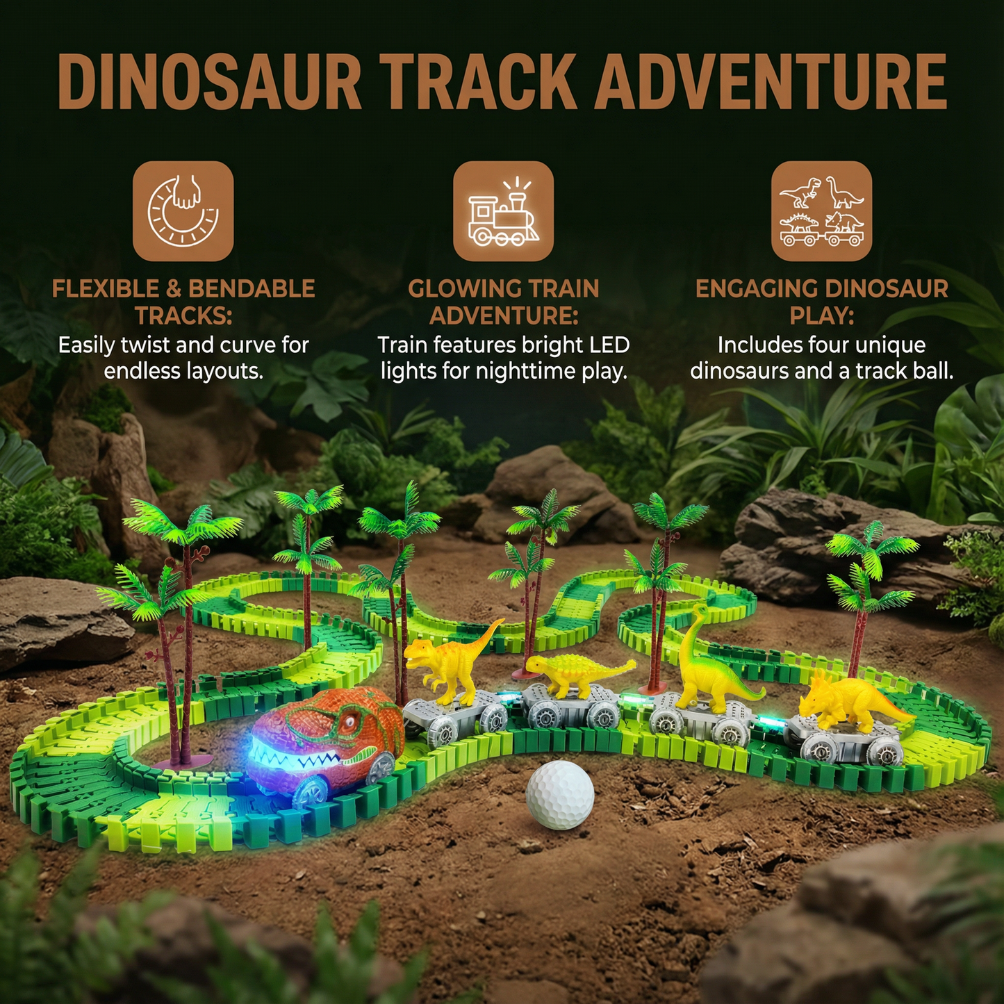 Dinosaur Track Adventure – Flexible Race Track with Glowing Train