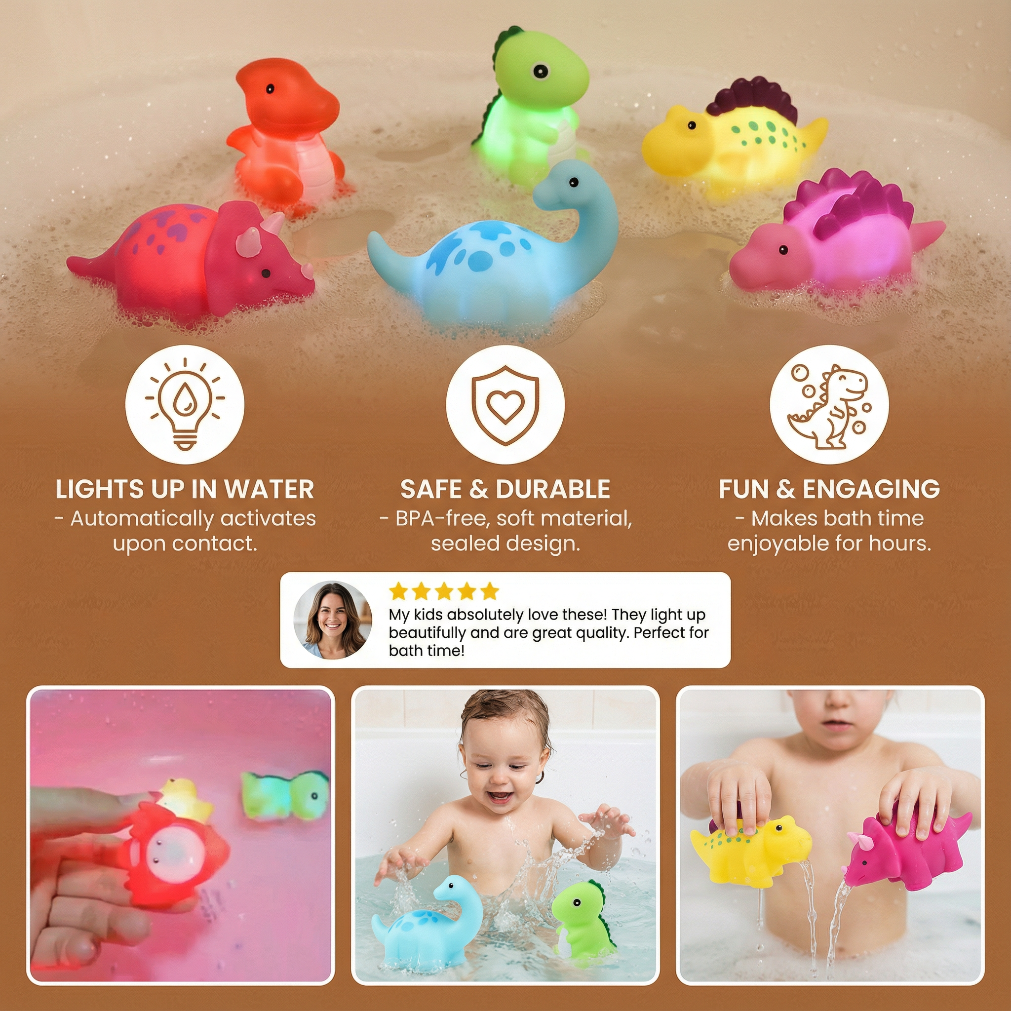 Light Up Color Changing Dinosaur Bath Toy with Soft LED Glow