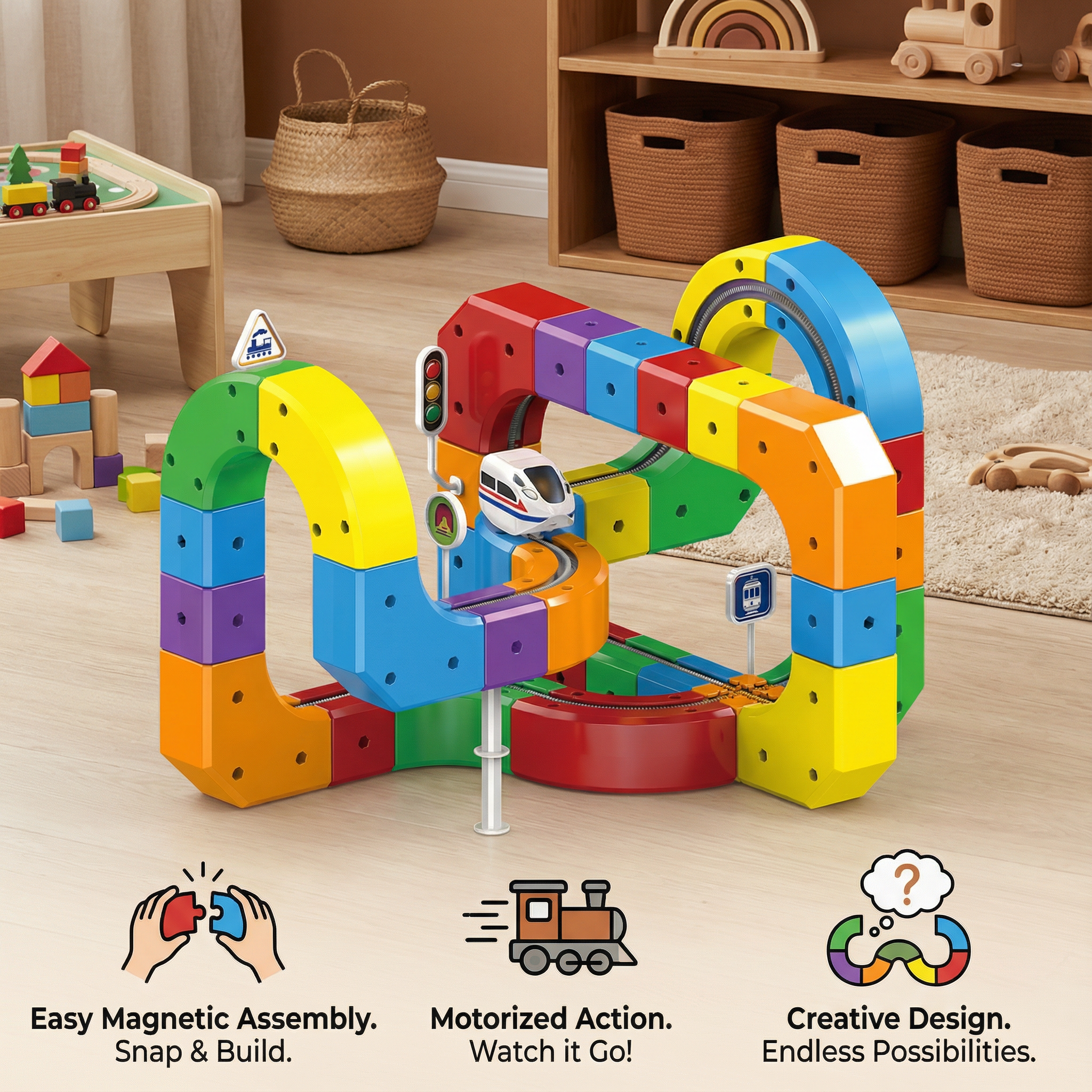 Magic Cube Train Track Toy with 81 Colorful Snap Together Pieces for Kids