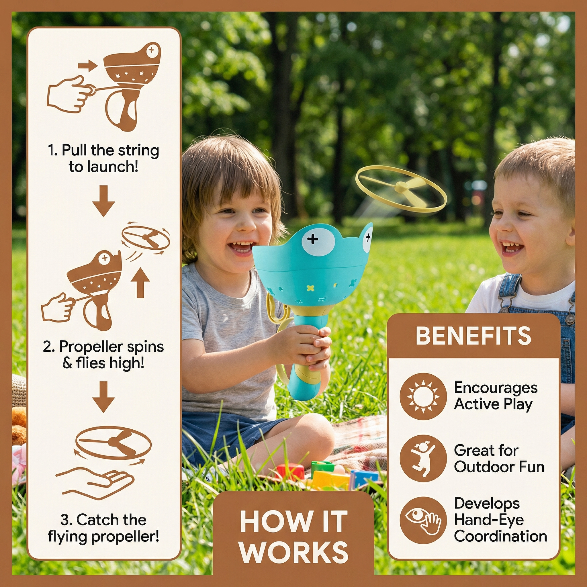 Pull String Flying Propeller Toy with Frog Design and Six Propellers in Three Colors