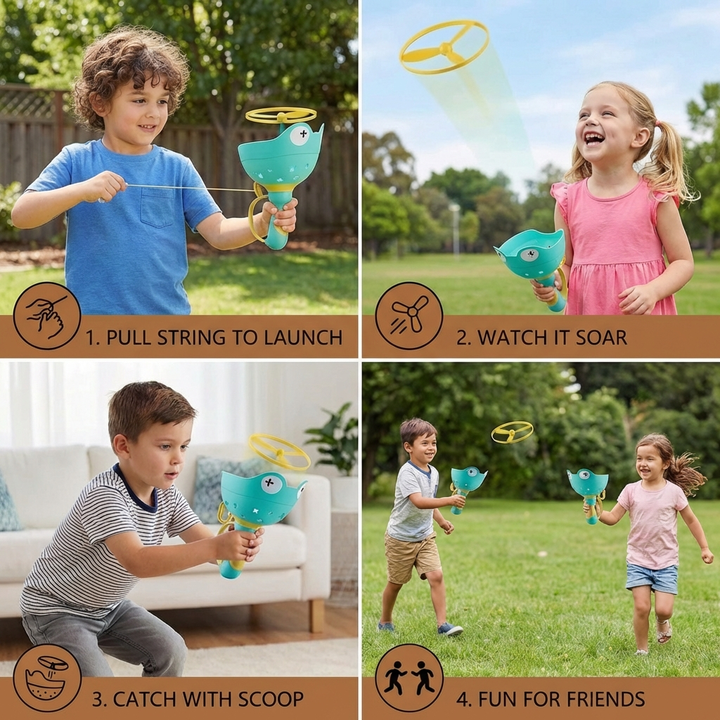 Pull String Flying Propeller Toy with Frog Design and Six Propellers in Three Colors