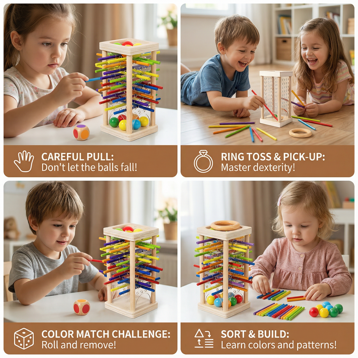 Educational 3-in-1 Wooden Ball and Stick Dexterity Game