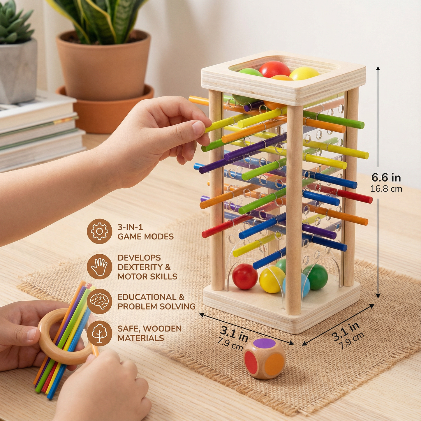 Educational 3-in-1 Wooden Ball and Stick Dexterity Game