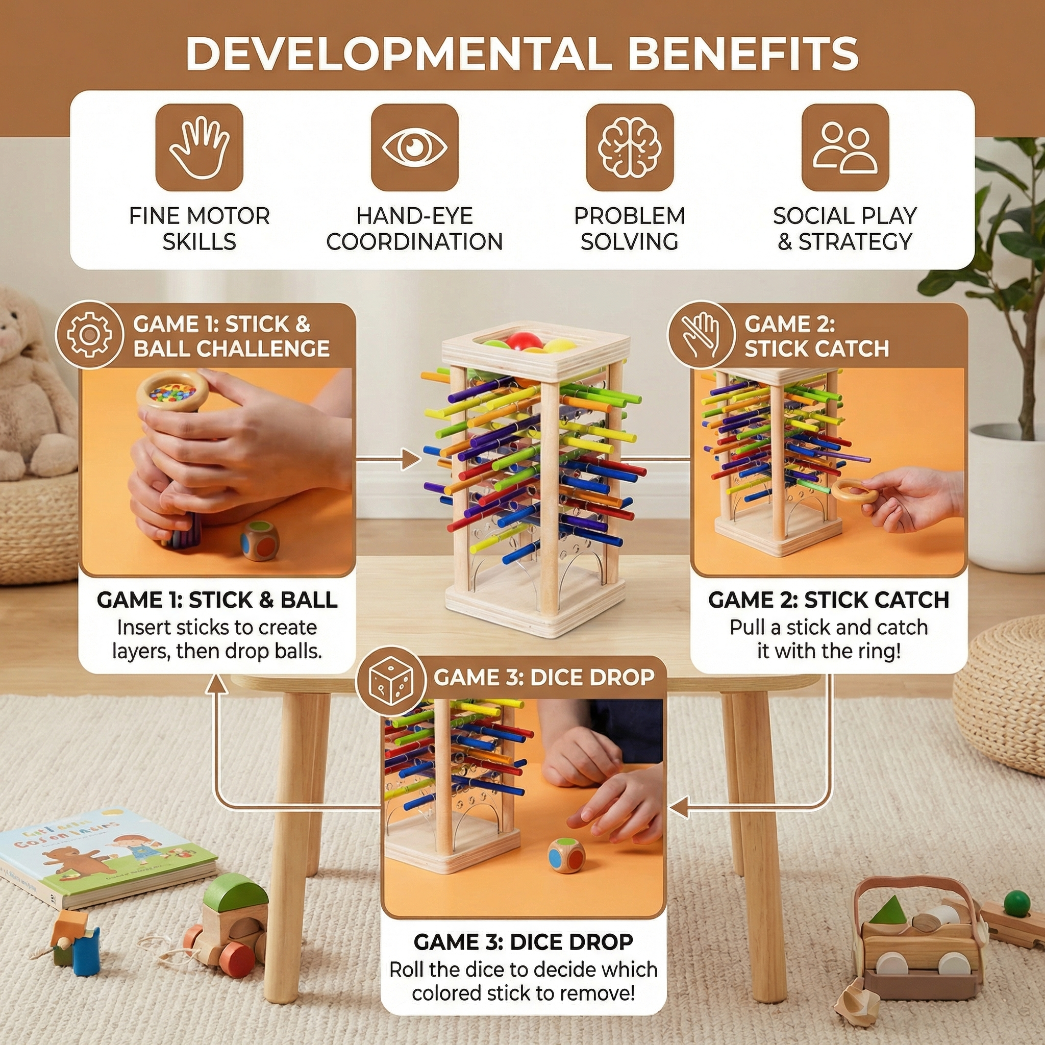 Wooden Ball and Stick Dexterity Game with Three Play Modes