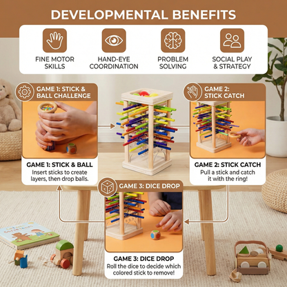 Educational 3-in-1 Wooden Ball and Stick Dexterity Game