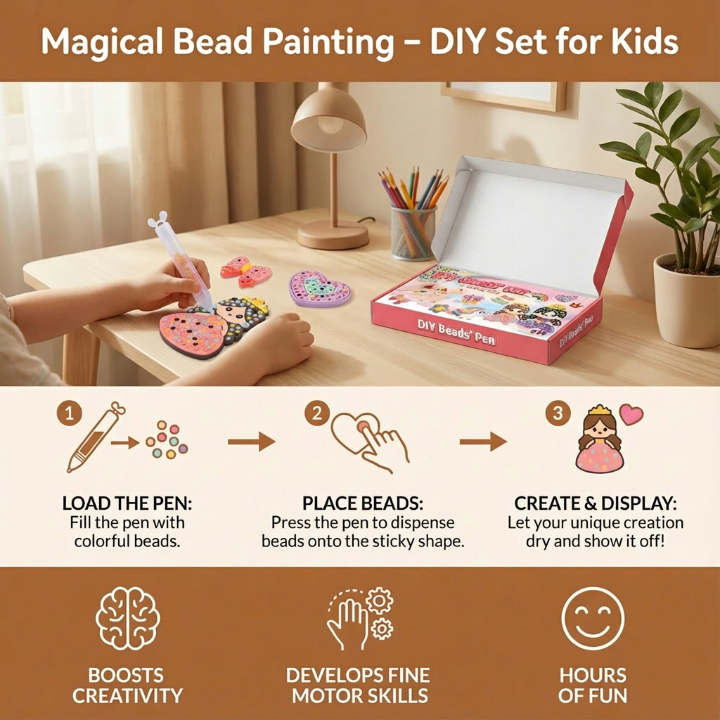Kids Bead Art DIY Craft Set with Colorful Design Motifs