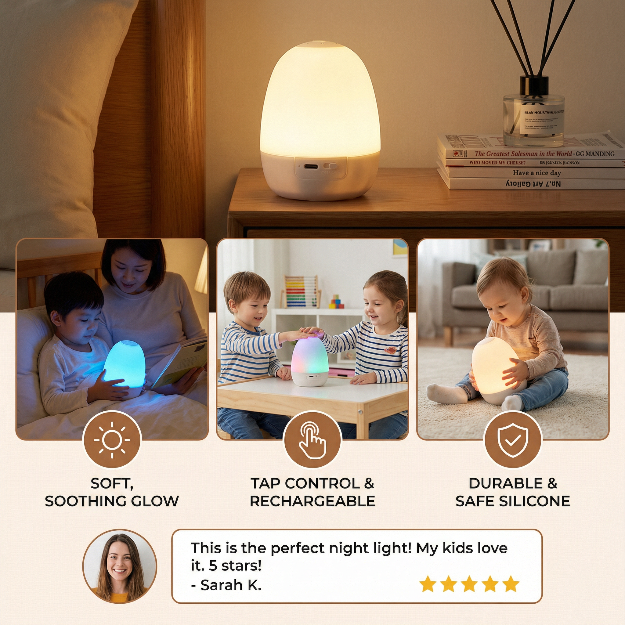 Egg Shaped Silicone Night Light with Touch Control for Kids Rooms